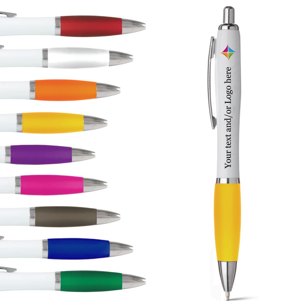 stika.co Set of 20 Yellow Promotional Pens - Personalised Rubber Ballpoint Pens for School, Work, and Events - UV printed vibrant colors, with large branding space