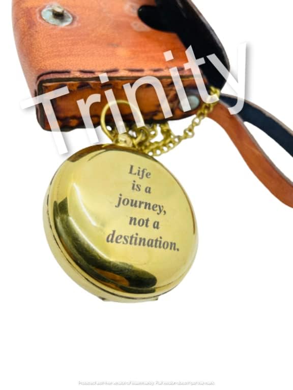 Antique Brass Pocket Compass Quote “Life is a Journey not a Destination” Directional Magnetic Compass 2" with Leather Case Personalized Engraved Compass for Outdoor Hiking, 2