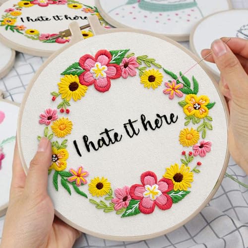 Image of Nuberlic Floral Embroidery Kit for Beginners Cross Stitch Kits- Complete Starter Set with Hoop, Pre-Printed Fabric, Threads & Needles
