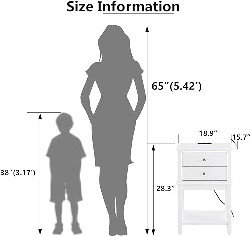 Miniatura 4 de Mesita de noche blanca para dormitorio con estación de carga y puertos USB, cama de 28 pulgadas de alto, 2 cajones, mesita de noche, mesa auxiliar