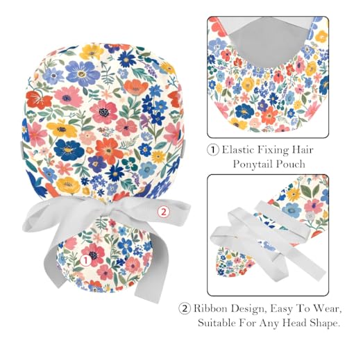Image of 2 PCS Bouffant Cap with Button Ponytail Pouch Working Cap Sweatband Adjustable Surgical Cap Black and White Cow