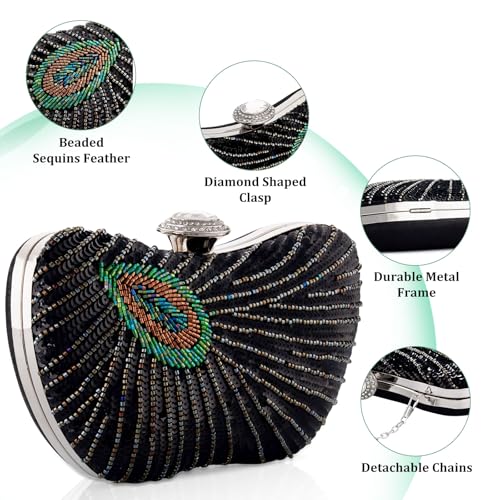 Image of Peacock Evening Handbag Beaded Sequin Clutch Purses for Women Party