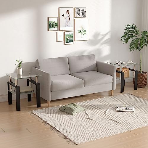 Image of Meihua 2pcs Glass Side Table for Small Space, Square Glass End Table, 2-Tier Modern Nightstand with Metal Legs for Living Room & Bedroom