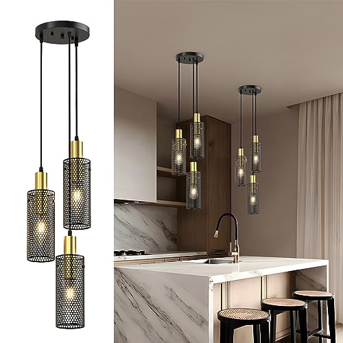 HYMELA M08 Pendant Light Fixture with Honeycomb Mesh Shade, Modern 3-Light Pendant Lighting, Adjustable Metal Hanging Lamp, Black Kitchen Island Light Fixture for Dining Room Living Room Bar, E26 Base