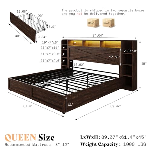 Image of AMERLIFE 45'' Farmhouse Queen Bed Frame with 4 Drawers, LED Bed Frame with Bookcase Headboard & Side Shelves, Wood Platform Bed with Charging Station, Walnut