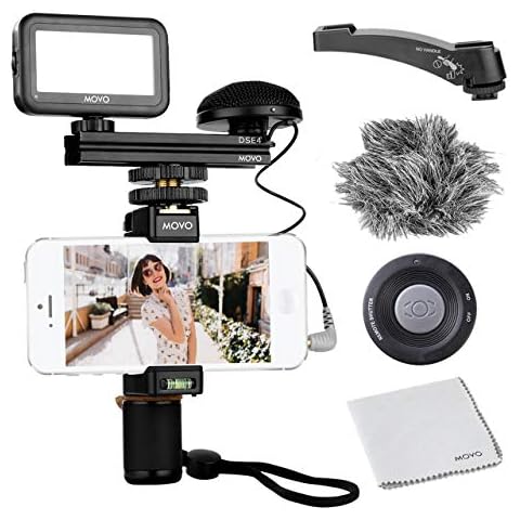 Movo Smartphone Video Kit V3 with Grip Rig, Omnidirectional Microphone, LED Light & Wireless Remote - for iPhone 5, 5C, 5S, 6, 6S, 7, 8, X, XS (Regular and Plus/Max), Samsung Galaxy, Note & More Cover