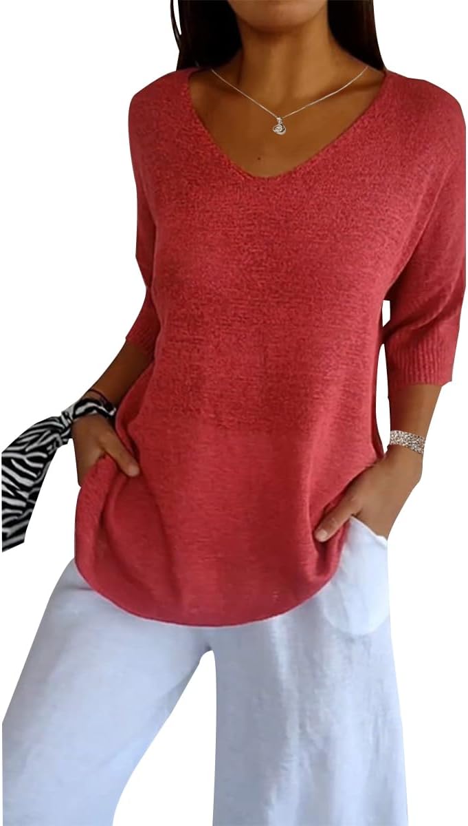 Womens Vintage Sweater 3/4 Sleeve V Neck Solid Tunic Tops Loose Fit Lounge Casual Basic Tops Lightweight Sweaters
