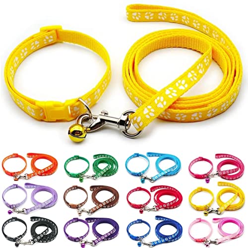 Small Dog Puppy Pet Collar and Lead Set Pawprint Design Nylon Adjustable Size 19-32cm Collar with Bell and 120cm Leash Yellow