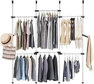 Freestanding Clothes Rack, Adjustable Garment Organizer Rack,Open Wardrobe Storage System, Telescopic Cloakroom Shelving System, Heavy Duty Clothing Storage Rack with Hanging Hook