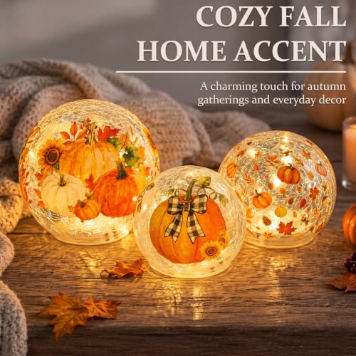 Image of Glooglitter 3 Pcs Fall Crackle Glass Ball Lights Fall Tabletop Decor Pumpkin Globe Lamp LED Sphere Night Light for Home Indoor Bedroom Autumn Party Table Decoration