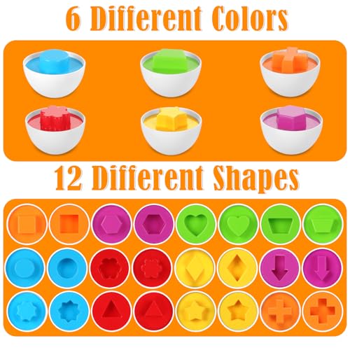 KOMABLEN 12Pcs Passende Eier Montessori Spielzeug, Eier Kinder Farb und Formen Sortierung Anerkennung, Puzzle Eier Sensorik Spielzeug Kleinkinder Mit Aufklebern und Stift für Ostern, Kindertag