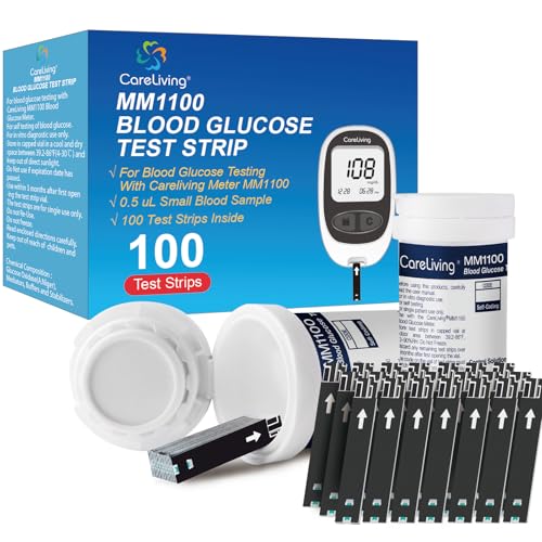 CareLiving MM1100 Blood Glucose Test Strips, for Diabete Sugar Testing, 100 Count