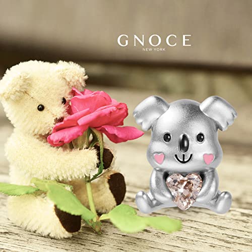 Image of GNOCE Embraces Heart Gemstone Bead Charms 925 Sterling Silver Wolf Fox Bear Husky Hedgehog Astronaut Chihuahua Dinosaur Rabbit Koala Axolotl Angel Tiger Dog Unicorn Cat Jewelry Gift for Women