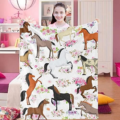 Horse Throw Blankets for Girls Soft Flannel Horse Blanket with Flowers Fluffy Cozy Floral Print Blankets Warm Fuzzy Blankets for Kids Toddler Daughter Women Gifts Home Sofa Couch Bed Decor 40x50 Inch