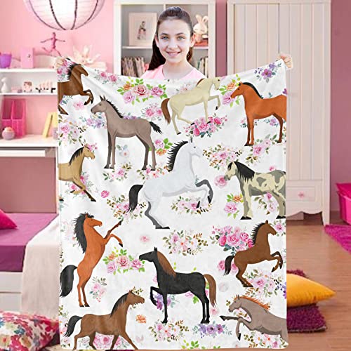 Horse Throw Blankets For Girls Soft Flannel Horse Blanket With Flowers Fluffy Cozy Floral Print Blankets Warm Fuzzy Blankets For Kids Toddler Daughter Women Gifts Home Sofa Couch Bed Decor 40X50 Inch #TOP6