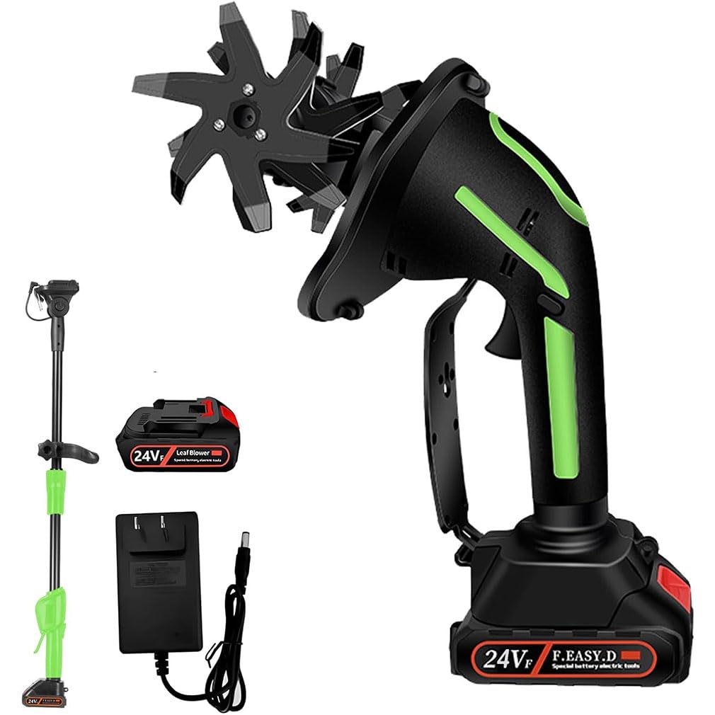 2-in-1 Cordless Tiller & Cultivator with Extension Pol, Gartenfräse, 24V Bodenhacke Elektrisch, Sternfräse Gartenfräse Akku Garten Geräte mit 4 Metallmesser 10cm Arbeitsbreite 10cm for Lawns (B)