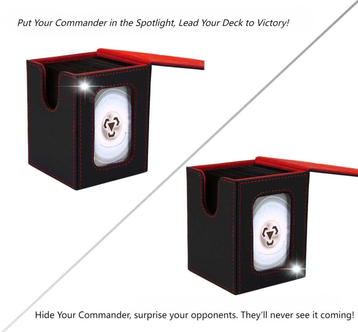 Venssu MTG Deck Box for Commander Display,Card Deck Box Fits 100 Double Sleeved Cards, TCG Card Storage Box with 2 Dividers and 1 Toploader (Black?Red)
