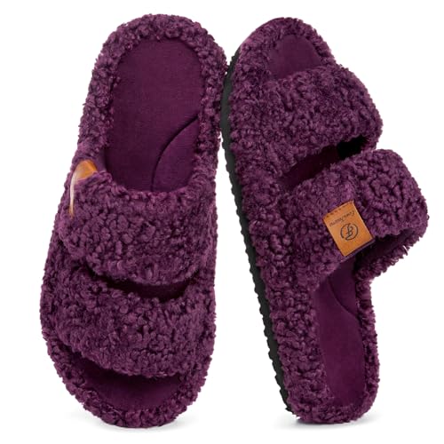 Image of EverFoams Womens Fuzzy Open-toe Slippers Memory Foam Indoor House Shoes | machine-washable,gifts,memory foam,anti-slip sole,lightweight,indoor and outdoor,cozy