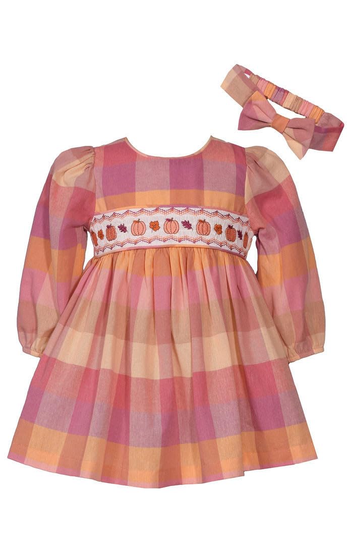 Bonnie Jean Thanksgiving Dress - Buffalo Check Pumpkin Smocked Dress with Headband for Baby, Toddler, Little Girls, Orange Spice, 4T
