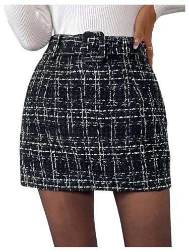 Milumia Women's Plaid High Waist Straight Skirt Tweed Belted Elegant Mini Skirts
