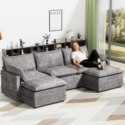 Image of LEVELEVE 112.5 inch U-Shape Modular Sofa with 2 Ottomans, Deep Seat Cloud Convertible Sleeper, 2 Arm Pillows, Cozy Upholstered Furniture for Living Room Apartment, Dark Grey