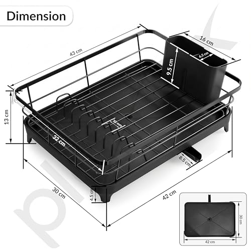 Image of Plantex Stainless Steel Dish Drying Rack /Vessel Drainer Basket with Tray /Smart Drainage Drainboard with Detachable Cutlery Holder /Utensils Drying Rack for Kitchen- (43 X 32 X 12 cm, Black)
