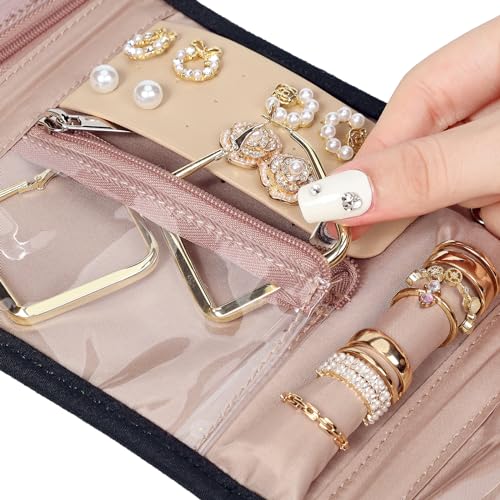 BELALIFE Travel Jewelry Case Organizer, Small Foldable Storage Roll for Earrings, Necklaces, Rings, Bracelets, Brooches, Black - Image 5