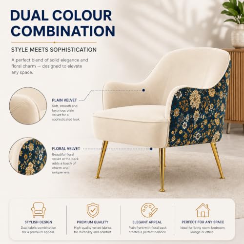 Image of Velvet Chair with Pillow for Home | Modern Accent Armchair in Soft Velvet Fabric with Golden Legs | Premium Accent Chair for Living Room Bedroom Restaurent | (Off White, Big Zara)