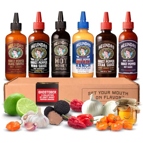 Melinda’s Ghost Pepper Collection - Ghost Pepper Infused Hot Sauce Gift Set Includes Hot Honey, Black Truffle, Buffalo Ranch & Wing Sauce - 68 Fl Oz, 6 Pack