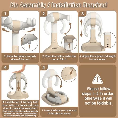 Image of Foldable Baby Shower Stand Support, Adjustable Baby Bath Stand, No Assembly Toddler Bathtub Standing, Anti-Slip Soporte para Banera de Bebe, Toddler Standing Up Shower Support for Babies (Khaki)