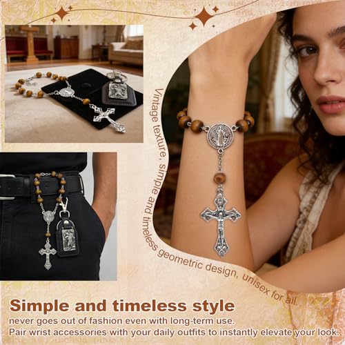 Rosenkranz Auto Innenraum, Holzperlen Gebetskette mit Rosenkranz & Kreuz als Rückspiegel Anhänger & Armband, Set mit Christopherus-Motiv Schlüsselanhänger & Samtbeutel, Geschenk für Männer Frauen