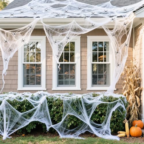 AOROPS Ragnatela decorativa per Halloween, 200 g, bianca, espandibile con 50 pezzi, in plastica nera, ragnatela per Halloween, decorazione per interni ed esterni, case da giardino