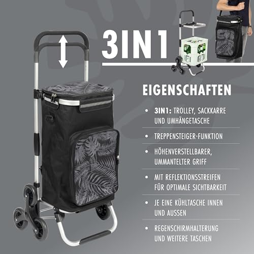eluno Einkaufstrolley OKEL, Treppensteiger, klappbarer Handwagen, inkl. 2 Kühlfächern, Einkaufswagenhalterung, Einkaufschip, Reflektorstreifen, schwarz – Bild 4