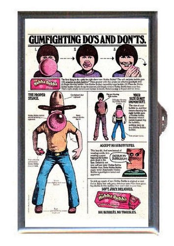 Hubba Bubba Bubble Gum Cowboy, 1980 Retro Ad, Guitar Pick or Pill Box USA Made