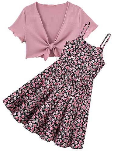RAISEVERN Dresses for Girls Summer Pink Flower Sleeveless Dress Kids Cute Back to School Clothes for Girls 10-12