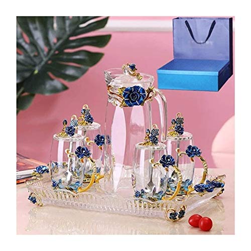 Teapots Teapot Stemless Wine Glasses Tea Set Water Cup Tea Cup Teapot Enamel Cup Crystal Cup Home Office Cup Set Gift Box Creative Gift/14 Piece Set (Color : Blue)