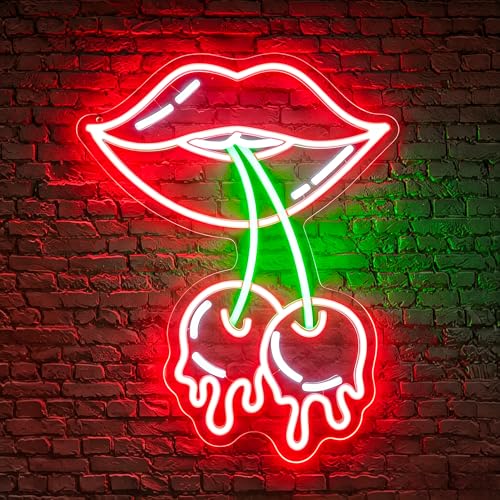 Image of Cherry Lips Neon Sign, Neon Signs for Wall Decor Neon Red LED Signs Room Neon Light Up Signs Home Decor for Bedroom Club Party Bar Shop USB Operated