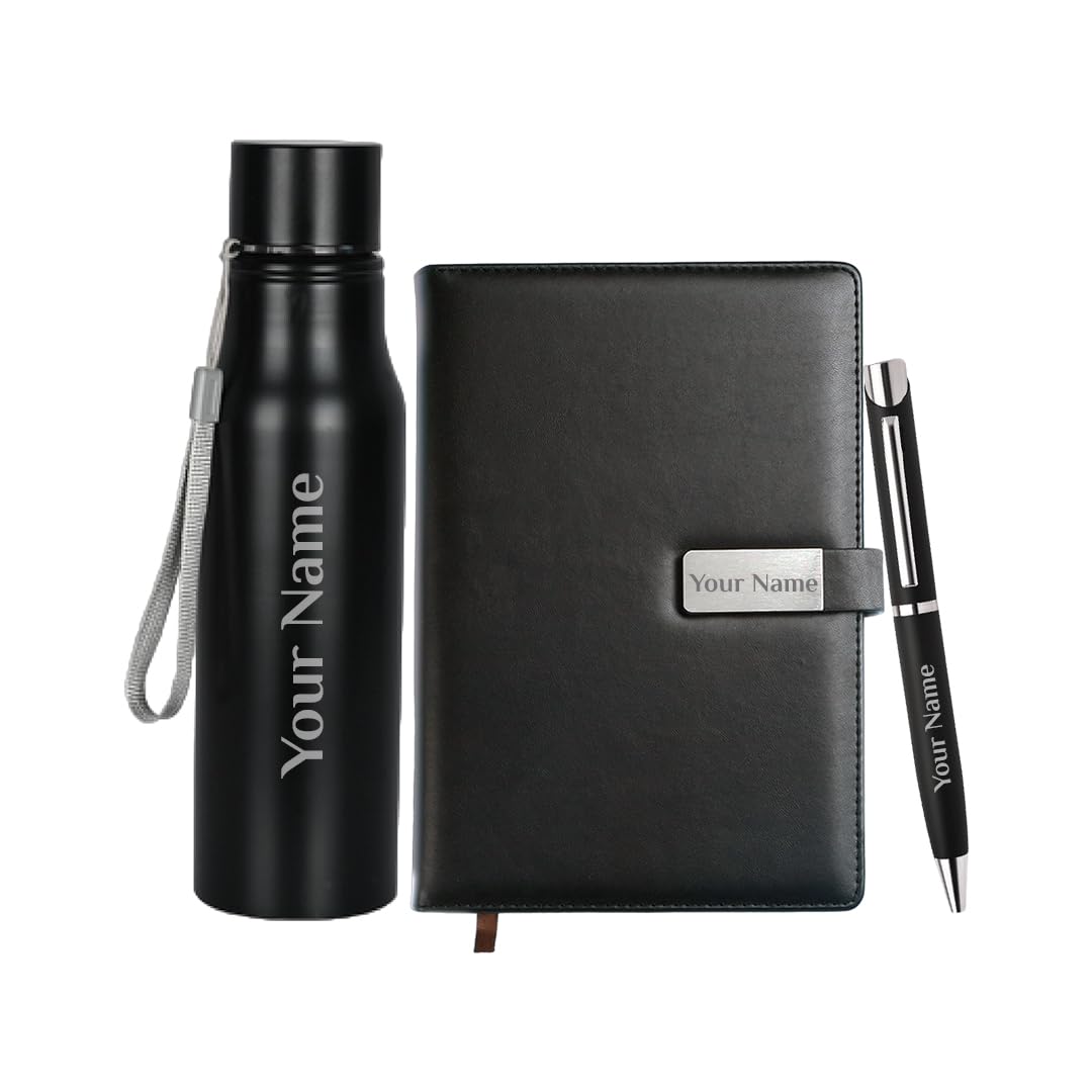 Giftana Personalized Diary with Water Bottle 750ml, Pen Gift Set for Men, 3 in 1 Customized Gifts for Husband, Father, New Year Corporate Gift for Employee (Black)