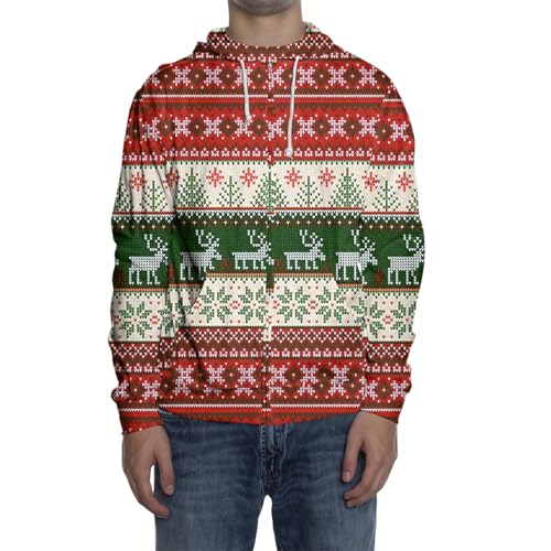 Ymosrh Men's Ugly Christmas Hoodies, Long Sleeve Casual Zip Up Hooded Sweatshirt Cute Print Xmas Hoodie Pullover, M-3XL
