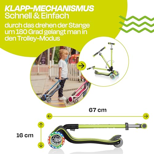 GLOBBER Elite Deluxe Lights - Tretroller Kinder, 120/80 mm, ABEC 5, 3-r&auml;drig, h&ouml;henverstellbar, LED-Rollen, Lime gr&uuml;n