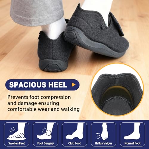 Diabetic Shoes for Men, Men's Diabetic Slip-On Shoes, Order 1 Size Up for Arthritis and Edema Swollen Feet, Extra Wide Adjustable Hook & Loop Warm Wool Fleece Slippers, Shock Absorption Non-Slip House Shoes