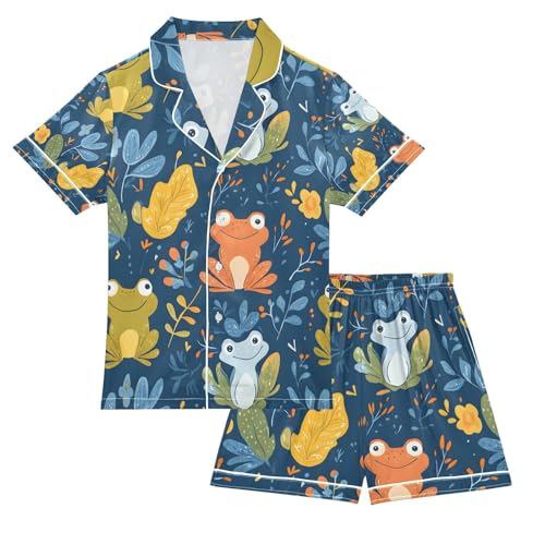 senya Frog in The Pond Satin Summer Pajama Sets Silk Short Sleeve Button Down Sleepwear