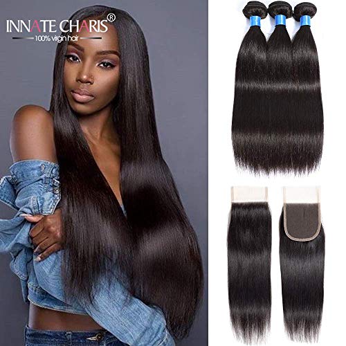 Straight Hair Bundles With Free Part Lace Closure Unprocessed Brazilina Human Hair Straight Hair Weft With 4x4 Lace Closure Natural Black Color(14 16 18+12 Free Part)