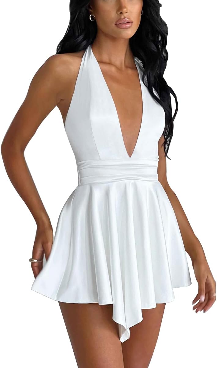 LuFeng Women's Sexy Sleeveless Halter Deep V Neck Backless Tie Back Waist Flowy Drape Satin Cocktail Mini Dress - Image 2