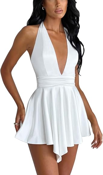 LuFeng Women's Sexy Sleeveless Halter Deep V Neck Backless Tie Back Waist Flowy Drape Satin Cocktail Mini Dress