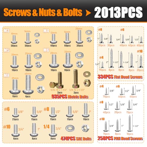 Image of Dianrui 2013 PCS Metric & SAE Nuts & Bolts & Wood Screws Assortment Kit, Phillips Pan Head & Flat Head Screw, Grade 8.8 Metric Hex Bolt Set and Assorted Screws Nuts Bolts Washers (3 Trays)