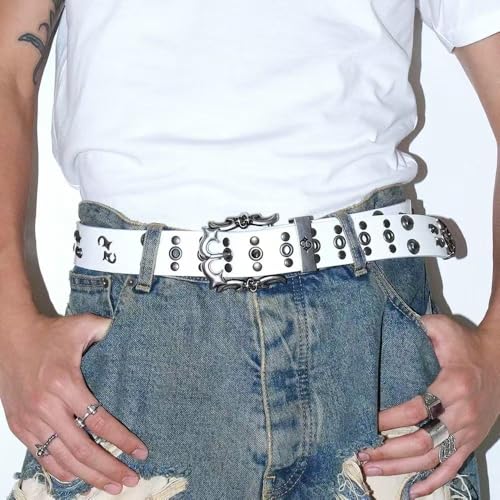 Y2K Punk Gothic Belt with Metal Buckle – Studded PU Leather Alt Fashion Waist Belt for Men & Women (Black/White)2