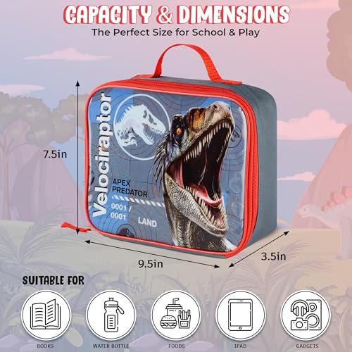 Jurasic World Velociraptor Lunch Box, Full Zip Around Insulated Dinosaur Lunch Tote Bag For Hot and Cold Food, Grey