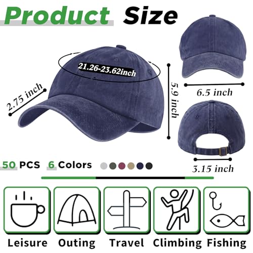 Image of Bonuci 24 /50 Pack Vintage Baseball Hat Bulk Washed Baseball Cap Adjustable Cotton Golf Hats for Men Women Sports