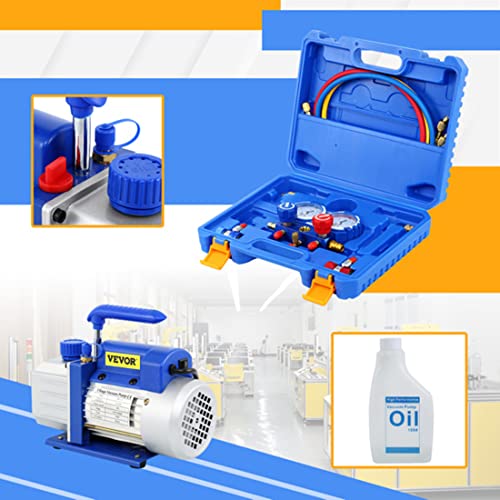 Bomba de Vacío de 4CFM 1/3HP para Aire Acondicionado y Refrigeración, Kit con Manómetro, Ideal para Sistemas R410A, R134A, R22 (Azul y Blanco) miniatura 3